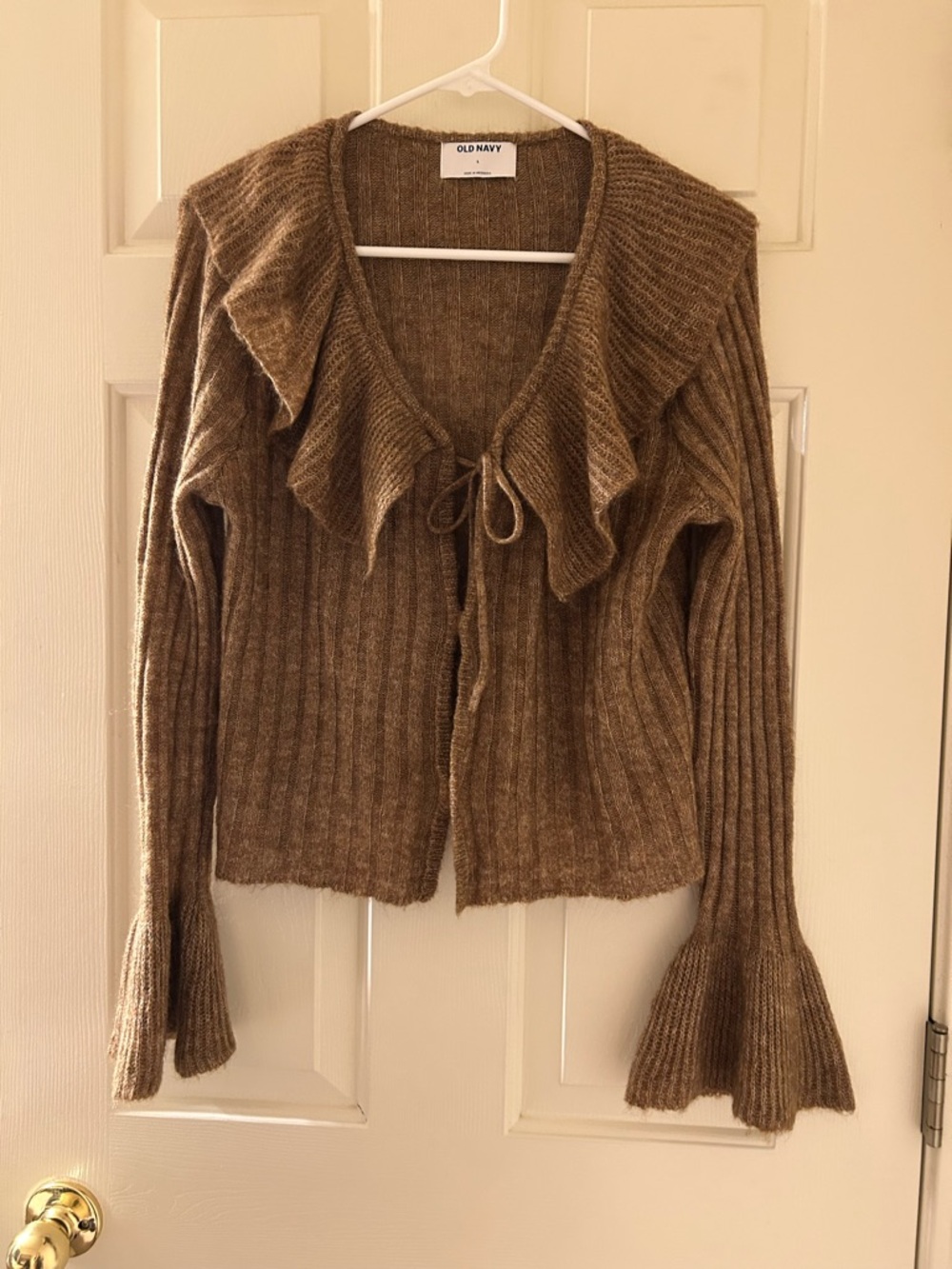 Old Navy Women's Taupe Ruffle-Trim Tie-Front Cardigan
